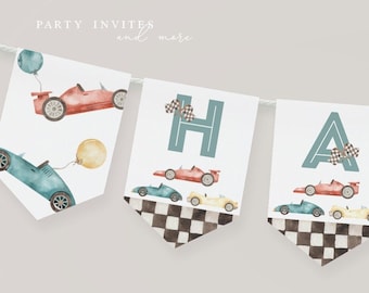 Race Car Birthday Banner, Race Car Birthday Party, Retro Car First Birthday Banner, 2545