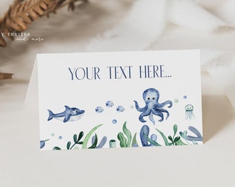 Editable Ocean Animals Place Card Table Tent, Custom Sea Themed Food Labels, Name Cards for Baby Shower, Instant Download 2584