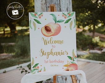 Editable Peach Birthday Welcome Sign, Printable Peaches Birthday Welcome Sign, Peach Birthday Poster, Watercolors, Instant Download 2156