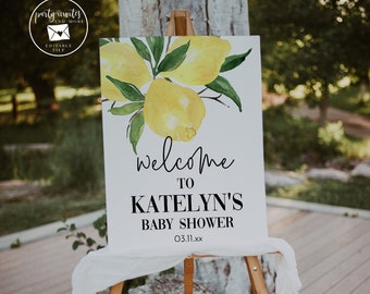 Editable Lemon Baby Shower Welcome Sign, Editable Printable Baby Shower Sign, Greenery, Minimalist, Instant Download 2151