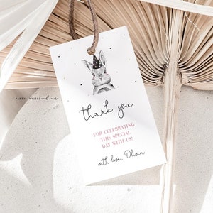 Bunny Birthday Thank You Tag, Editable Rabbit Favor Tag, First Birthday Party, 2579