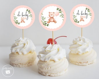 Teddy Bear Cupcake Toppers, Bear Baby Shower, 2" Circle Tags, Greenery and Balloons, Baby Girl, Instant Download 2147