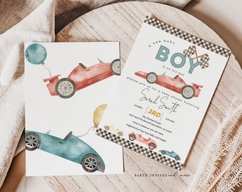 Race Car Baby Shower Invitation, Retro Car Invite, Editable Boy Baby Shower Race Car Invite, Printable Template 2545