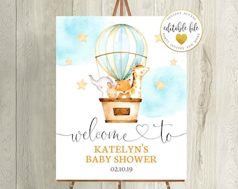 Hot Air Balloon Baby Shower Welcome Sign, Editable Printable Baby Shower Sign, Up Up and Away, Baby Animals, Instant Download - DIGITAL 1075