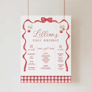 Cherry Birthday Party Milestone Sign, Editable Ribbon and Gingham Birthday Party Milestone Poster with Cherries, 2740