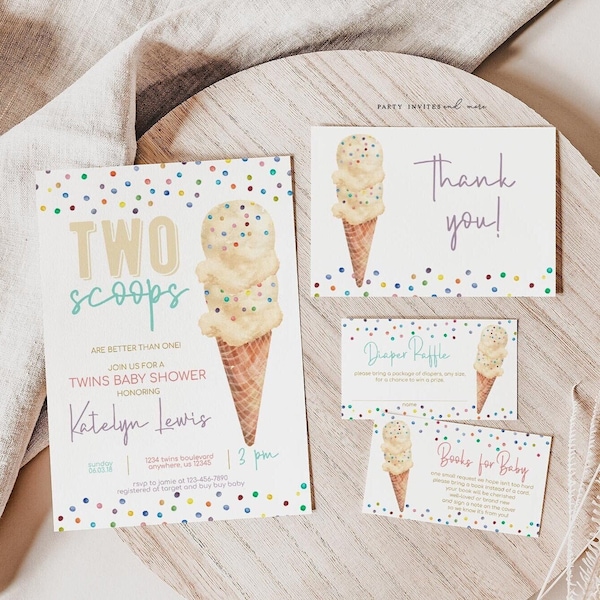 Twins Ice Cream Baby Shower Invitation Bundle, Gender Neutral Ice Cream Shower Invite, Two Scoops, Printable Digital Template 2547