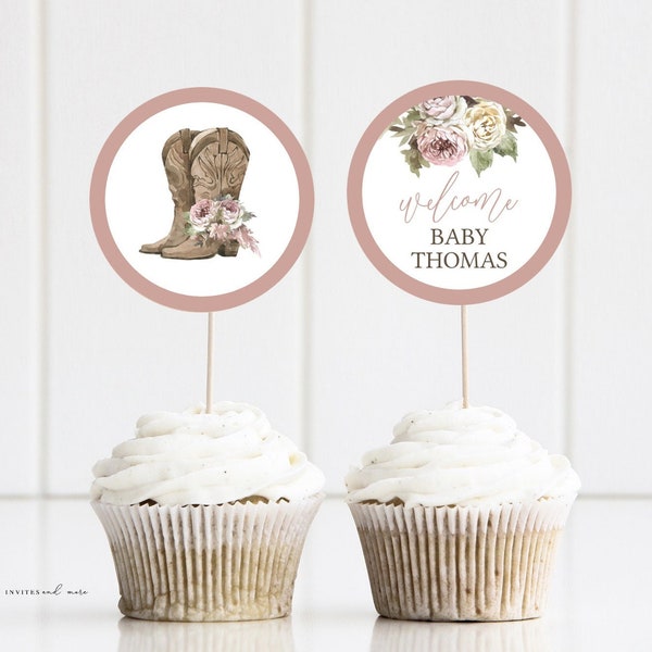 Cowgirl Baby Shower Printable Cupcake Toppers, Rustic Country Printable Circles, Editable Baby Shower Toppers, 2520