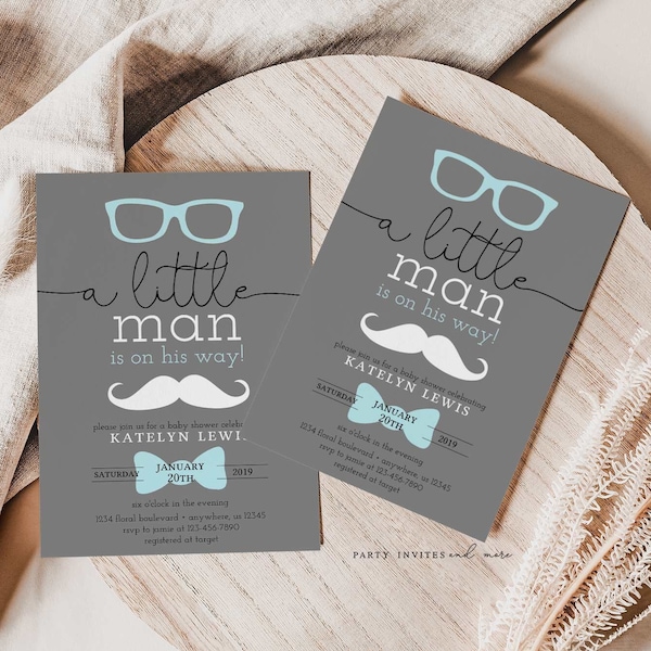 Little Man Baby Shower Invitation, Boy Baby Shower Invite, Mustache, Instant Download, Invitation Template