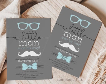 Little Man Baby Shower Invitation, Boy Baby Shower Invite, Mustache, Instant Download, Invitation Template