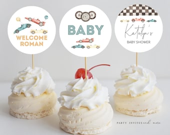 Race Car Baby Shower Cupcake Toppers, Retro Race Car Printable Circles, Editable Baby Shower Cupcake Toppers, 2545