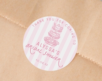 Pink Tea Party Bridal Shower Favor Stickers, Striped Floral Wedding Labels, 3007