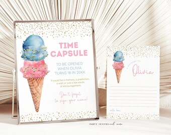 Ice Cream Time Capsule Sign and Card, Editable Pink and Blue Ice Cream First Birthday Time Capsule, 2522