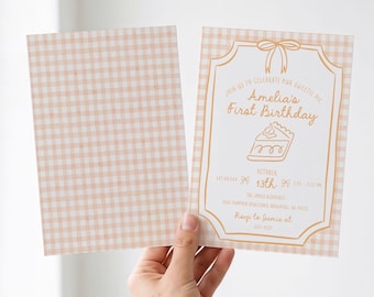 Pumpkin Pie Birthday Invitation, Orange Gingham Fall Birthday Invite, 3050