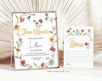 Wildflower Time Capsule Sign and Card, Editable Wildflower First Birthday Time Capsule, Printable Watercolor Floral Sign 1st birthday 2543