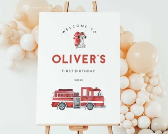 Fire Truck Birthday or Baby Shower Welcome Sign, Editable Firefighter Themed Party Welcome Sign, 2605