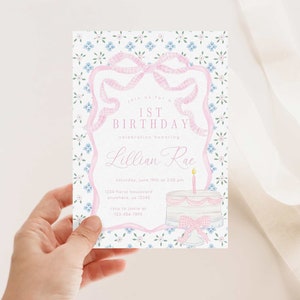 Pink Bow First Birthday Invitation, Gingham Cake and Floral Birthday Invitation, 2738