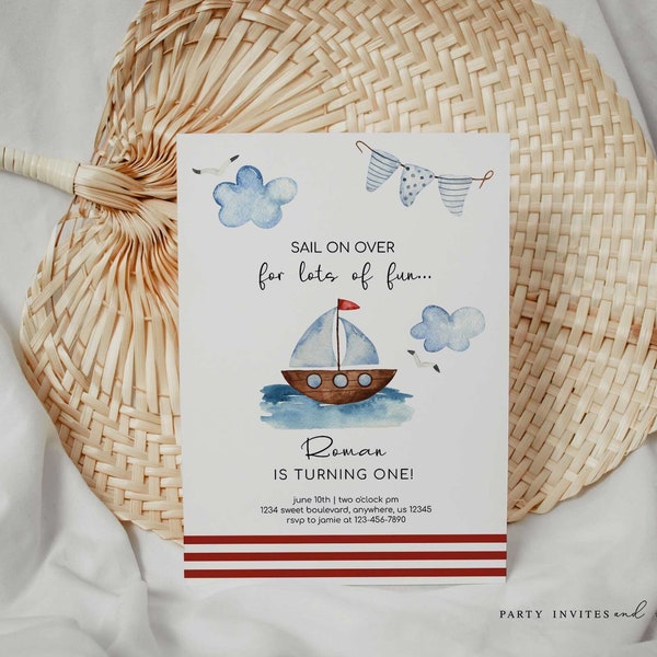 Editable Sailboat Birthday Invitation, Nautical Themed Birthday Party Invite,  2588