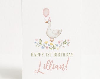 Personalized Goose and Flower 1st Birthday Card, First Birthday Custom Printed Card