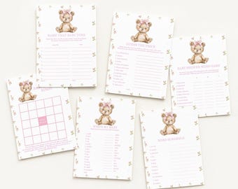 Pink Bow and Teddy Bear Baby Shower Games, Floral and Ribbon Frame Shower Activities, 2748