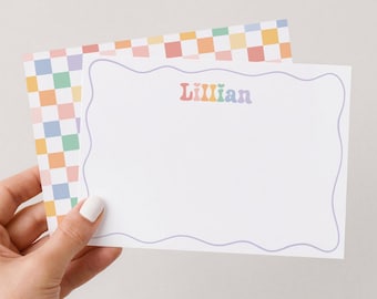 Pastel Checkered Kids Personalized Note Cards, Pastel Rainbow Thank You Notes, Printed & Shipped