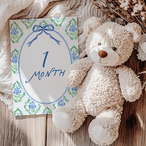 Floral Baby Milestone Cards with Blue Bow, Keepsake Photo Props or Gift, 3010