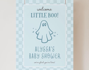Blue Checker Ghost Baby Shower Welcome Sign, Spooky Halloween Party Poster with Ghost, 3047