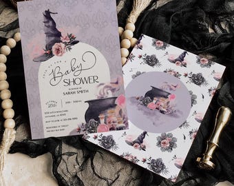 Halloween Baby Shower Invitation, Witch Halloween Invite, Spooky Baby Shower Invitation,  2553
