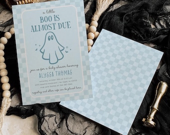 Checkered Ghost Baby Shower Invitation, Blue Halloween Shower Invite, Printed and Shipped, 3047