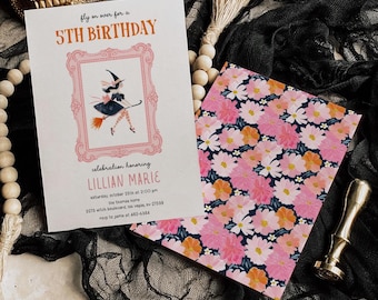 Whimsical Witch Birthday Invitation, Preppy Halloween Party Invite, Printed & Shipped, 3048
