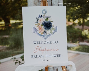 Nautical Bridal Shower Welcome Sign, Editable Floral Anchor Baby Shower Welcome Sign, 101