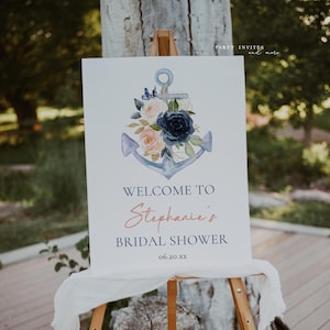 Nautical Bridal Shower Welcome Sign, Editable Floral Anchor Baby Shower Welcome Sign, 101