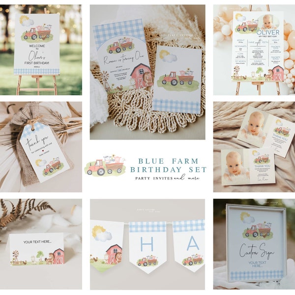 Editable Farm Birthday Invitation Bundle, Boy Farm First Birthday Invite Set, Farm Animals 1st Birthday Party Kit, Printable Template 2546