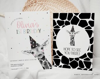 Giraffe Birthday Invitation, Editable Giraffe Party Invite, Safari Animals Birthday Invitation, Party Animals Invite, 2558