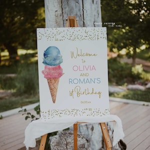 Editable Ice Cream Birthday Welcome Sign, Pink, Blue and Gold, 2522