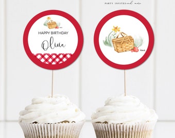 Picnic Birthday Cupcake Toppers, First Birthday Picnic Party Circles, Editable Baby Shower Cupcake Toppers, 2586