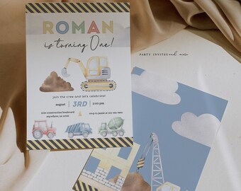 Construction Birthday Invitation, Editable Dump Truck First Birthday Invite, Printable Template 2582