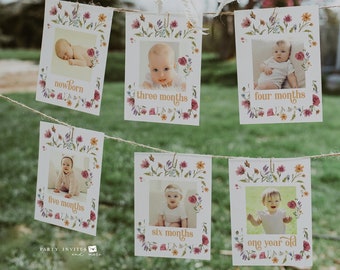 Wildflower First Birthday Monthly Photo Banner, Wildflower 1st Birthday Banner, Watercolor Floral Printable Template 2543