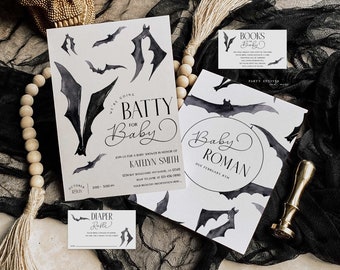 Editable Halloween Bat Baby Shower Invitation Bundle, Gothic Baby Shower Invitation Set, Minimalist Halloween Invite with Bats, 2600