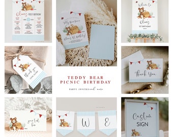 Teddy Bear Picnic Birthday Invitation Bundle, Picnic in the Park Invite Set, Printable Birthday Party Kit, 1093