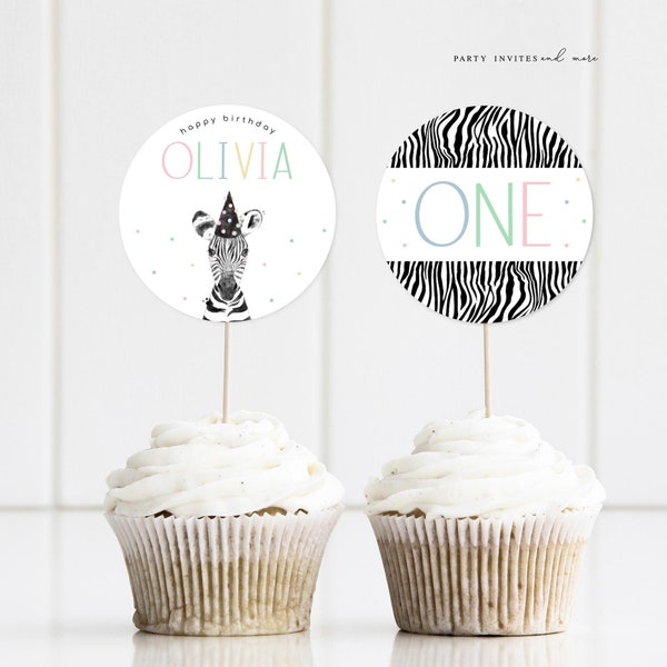 Zebra Birthday Cupcake Toppers, Safari First Birthday Circles, Editable Printable Template 2557