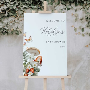 Mushroom Baby Shower Welcome Sign, Mushroom and Strawberries Baby Shower Poster, Wildflowers and Mushrooms Sign 2601