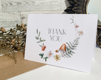 Printed Mushroom and Wildflowers Thank You Card, Birthday Thank You Card, Baby Shower Thank You Note, Printed Set of 12 with Envelopes