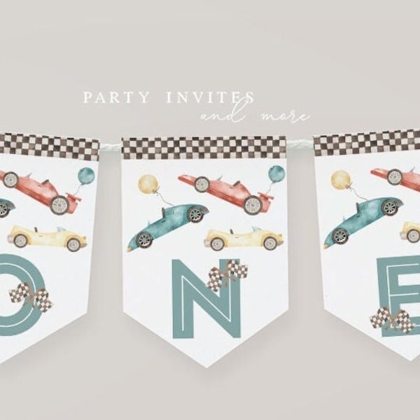 Race Car One High Chair Banner, Retro Race Car Birthday Banner, Racing First Birthday High Chair Banner, Printable Instant Download 2545