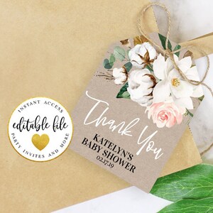 Floral Baby Shower Thank You Tags, Burlap Party Bag Tag, Southern Baby Shower, Magnolia Flower and Cotton, Instant Download Gift Tag 132