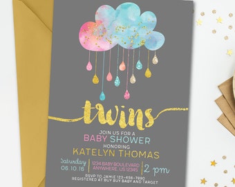 Twins Baby Shower Invitation, Cloud Baby Shower Invitation, Boy and Girl Baby Shower, Girl and Boy Baby Shower, Gold Baby Shower Invitation