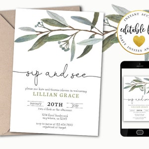 Greenery Sip and See Invitation Template, Printable Sip & See Invite, Instant Download, Gender Neutral image 2