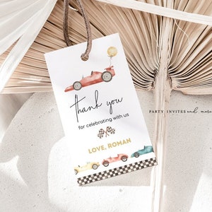 Etykieta z podziękowaniami w kształcie samochodu wyścigowego, etykieta z upominkiem na przyjęcie urodzinowe, etykiety z prezentami na baby shower w kształcie samochodu wyścigowego, edytowalna, drukowana etykieta z podziękowaniami, 2545