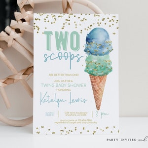 Twins Ice Cream Baby Shower Invitation, Ice Cream Shower Invite for Baby Boys, Two Scoops, Summer Shower, Printable Digital Template 2521