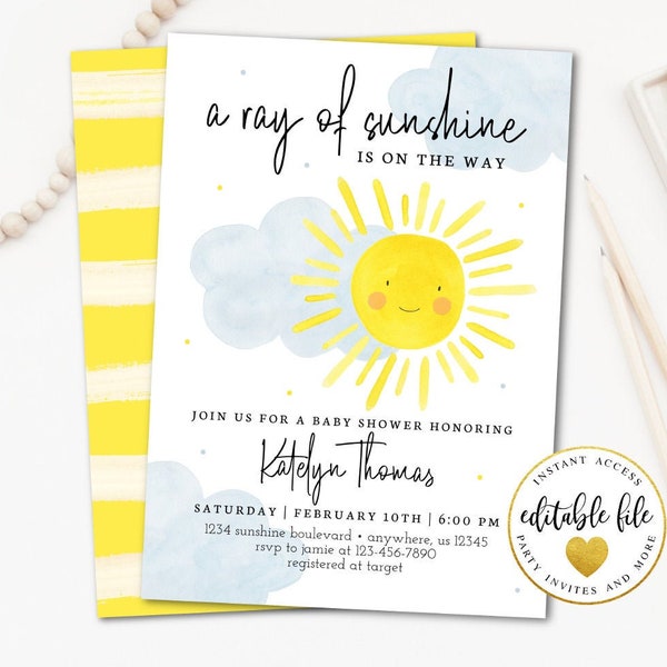 Sunshine Baby Shower Invitation, Sunshine Invitation, Gender Neutral Baby Shower Invitation, Sun Invite, Instant Download, Printable, 2036