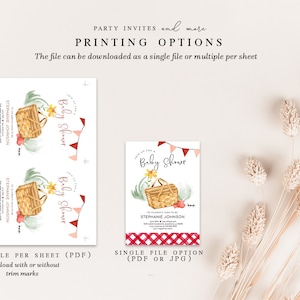 May include: Printable baby shower invitation featuring a picnic basket with red and white gingham pattern, flowers, and a banner that says "Baby Shower". The invitation is available as a single file or multiple per sheet.
